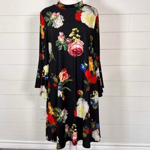 Gibson Latimer Trumpet Sleeve Black Floral Knit Midi Dress Size M